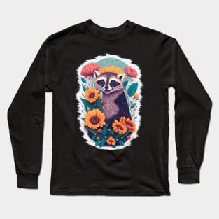 Cheerful Raccoon Amidst Colorful Blooms Long Sleeve T-Shirt